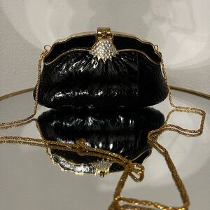 Vintage 1970s Black Snakeskin Jeweled Evening Bag Studio 54 Clutch Hard Shell